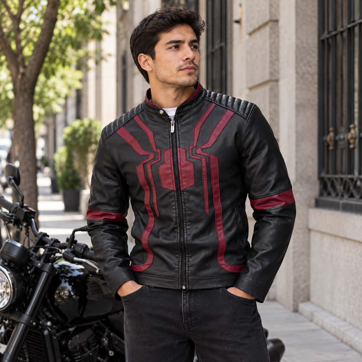 Chaqueta RAVENTO negra y granate en un look urbano